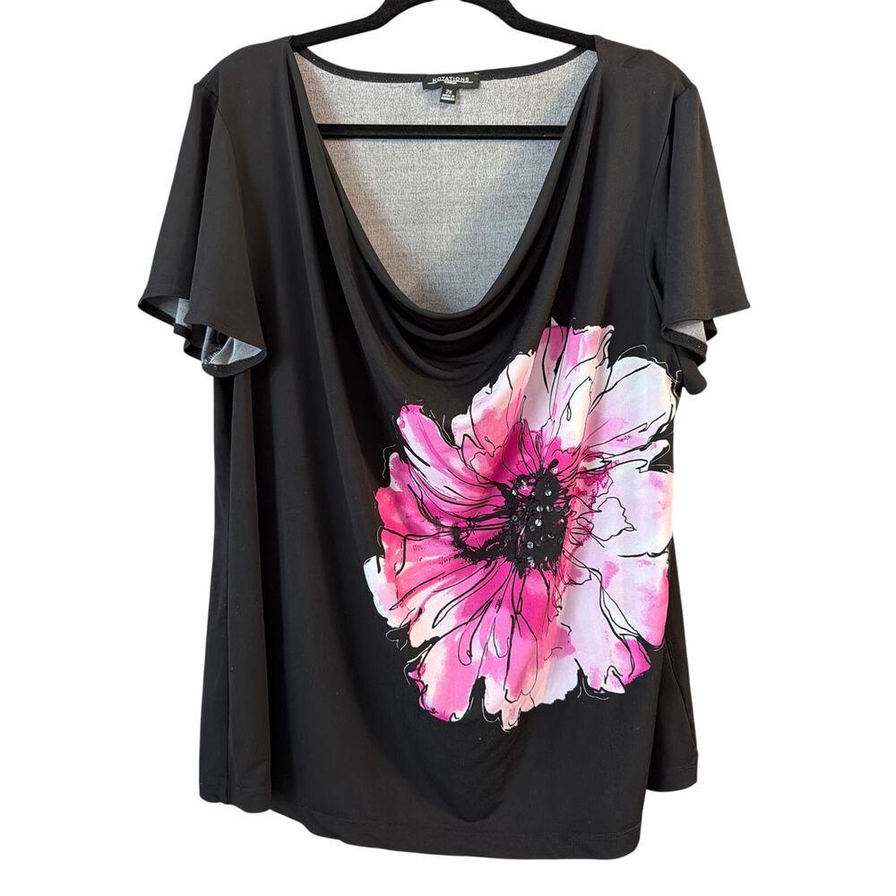 Notations Women's Plus Size Black & Pink Cowl Scoop Neck Flower Blouse Size 2X